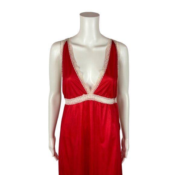 Vintage 80s Red Nightgown Women's Size M Valentines White Lace Deep V Nightie De - Picture 2 of 10